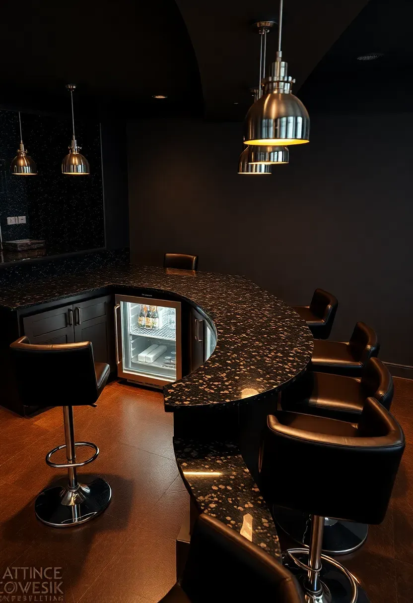 L-shaped basement bar with wraparound granite countertop, six bar stools, under-counter refrigerator, and pendant light row