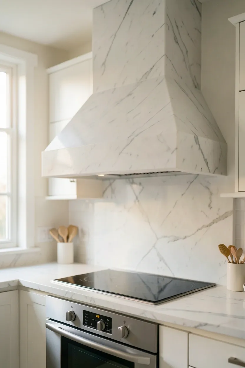 Sculptural limestone range hood with clean geometric lines above a modern Scandinavian cooktop — natural stone focal point in a white kitchen