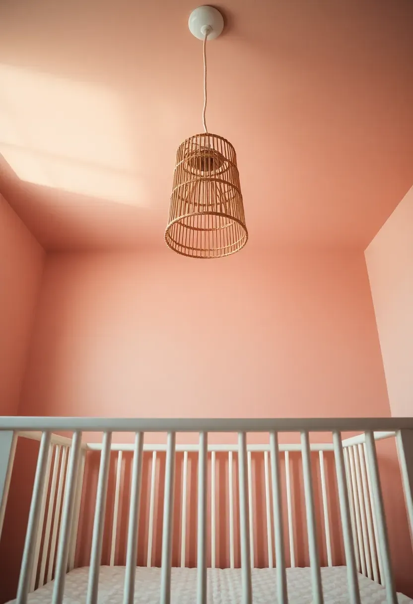 statement ceiling with blush pink paint in baby girl nursery for a cozy cocoon effect