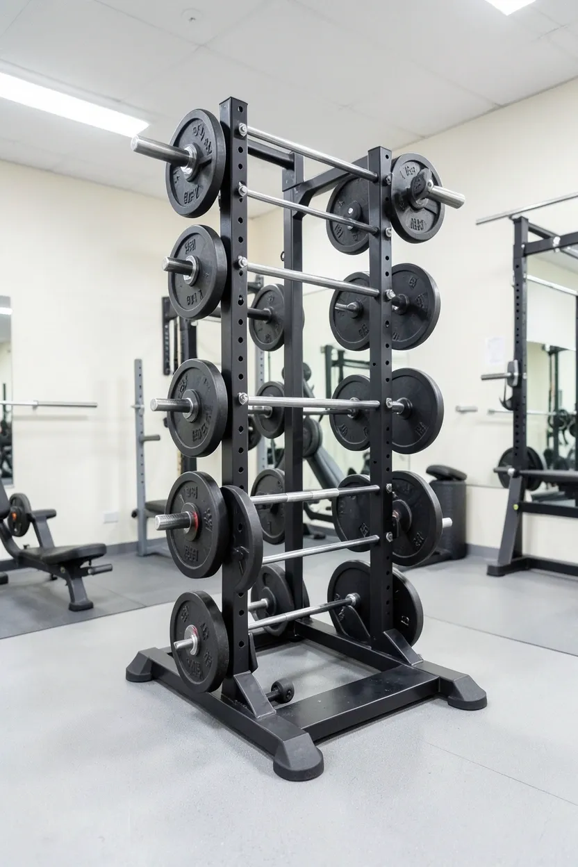 Vertical weight plate tree with horizontal bars organizing iron plates by size in a compact home gym