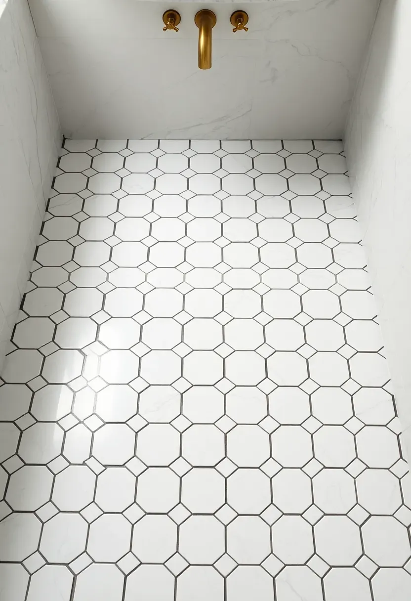 Hexagonal marble mosaic tiles in Carrara white with thin gray veining on a bathroom floor with brass faucet