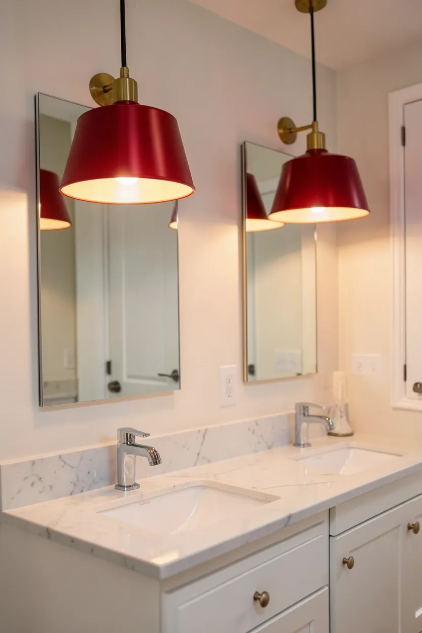 Red Pendant Lights over Vanity