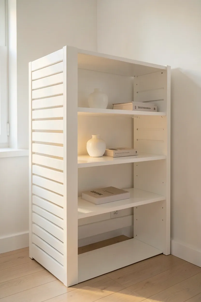 White room divider with open shelves zoning a small Japandi bedroom without permanent walls