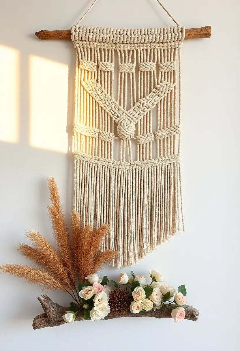 handmade macrame wall hanging in natural cotton with intricate knot patterns displayed as a boho baby shower backdrop with dried flowers