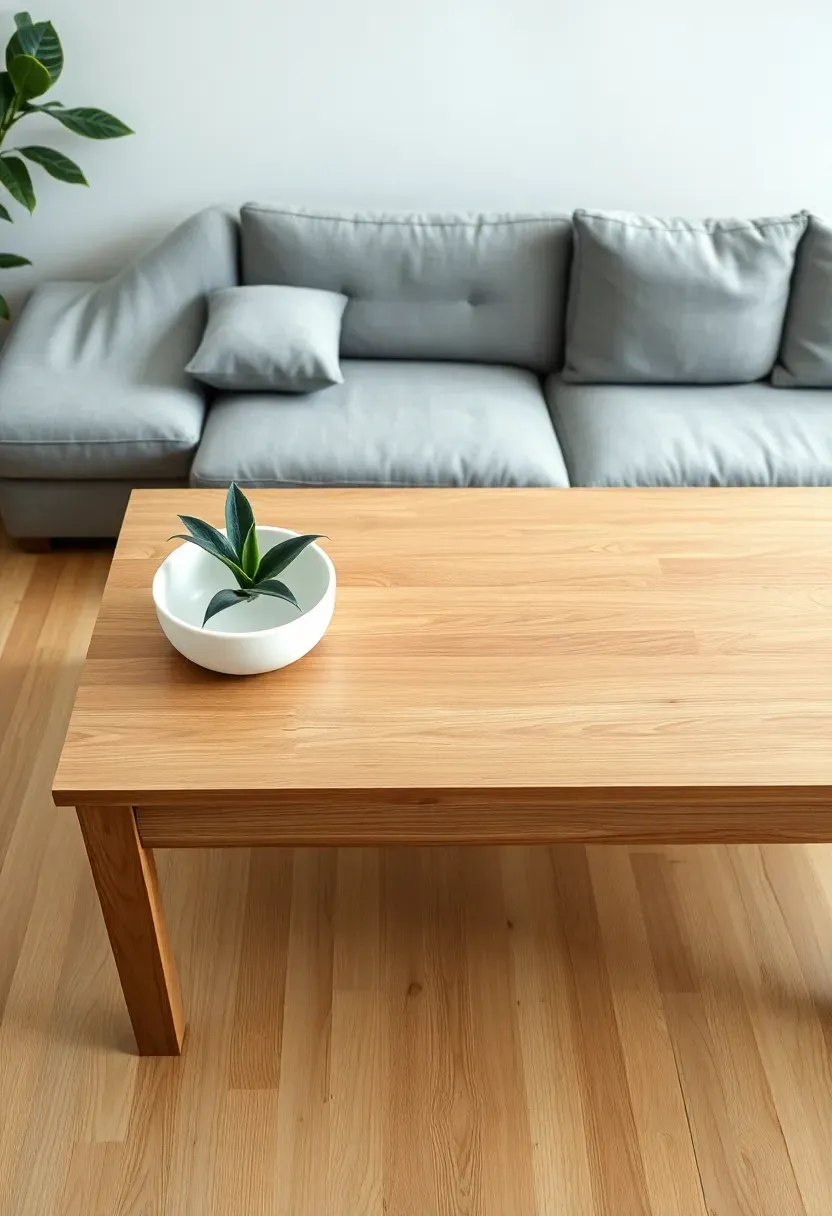 Hyper-realistic overhead shot of minimalist rectangular coffee table in light wood. On left side: low star-shaped snake plant in wide white ceramic bowl, 10 inches tall. Right two-thirds of table surface completely empty. Below table: light wood floor, gray sofa visible in background, white walls. No other objects on table. Abundant empty space. Materials: oak table, matte white bowl, stiff architectural snake plant leaves. Soft natural light from side window, gentle shadows. Serene minimalist mood where single low plant creates focal point on table without obstructing sightlines.</p>