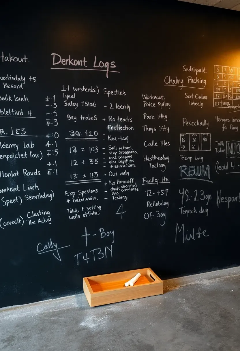 Section of a basement gym wall painted with black chalkboard paint showing handwritten workout logs, PRs, and motivational notes in colored chalk