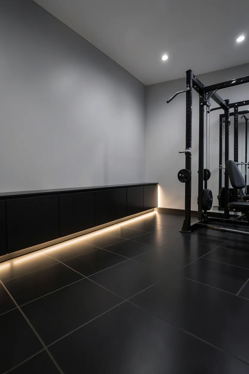 Matte black large-format tile gym floor with soft LED glow from under-cabinet lighting strips