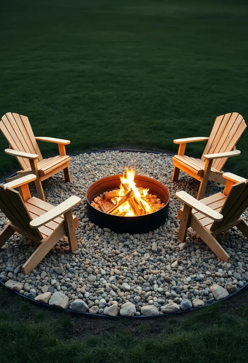 Hyper-realistic 3/4 view of an in-ground firepit showing a shallow depression with a circular steel fire ring containing glowing wood fire, surrounded by a 6-foot diameter circle of decorative gravel, with four classic Adirondack chairs positioned around the perimeter in natural wood finish. Materials: black steel fire ring, decorative river rock gravel in earth tones, natural cedar or pine Adirondack chairs with visible wood grain, grass lawn extending beyond gravel area. Evening lighting with fire glow illuminating surrounding chairs and creating warm ambiance, classic camp aesthetic. Low-profile design that doesn't obstruct views beyond. Simple unpretentious backyard atmosphere. Shallow depth of field emphasizing firepit foreground with chairs and yard context visible beyond. No text, no logos, no watermarks.</p>