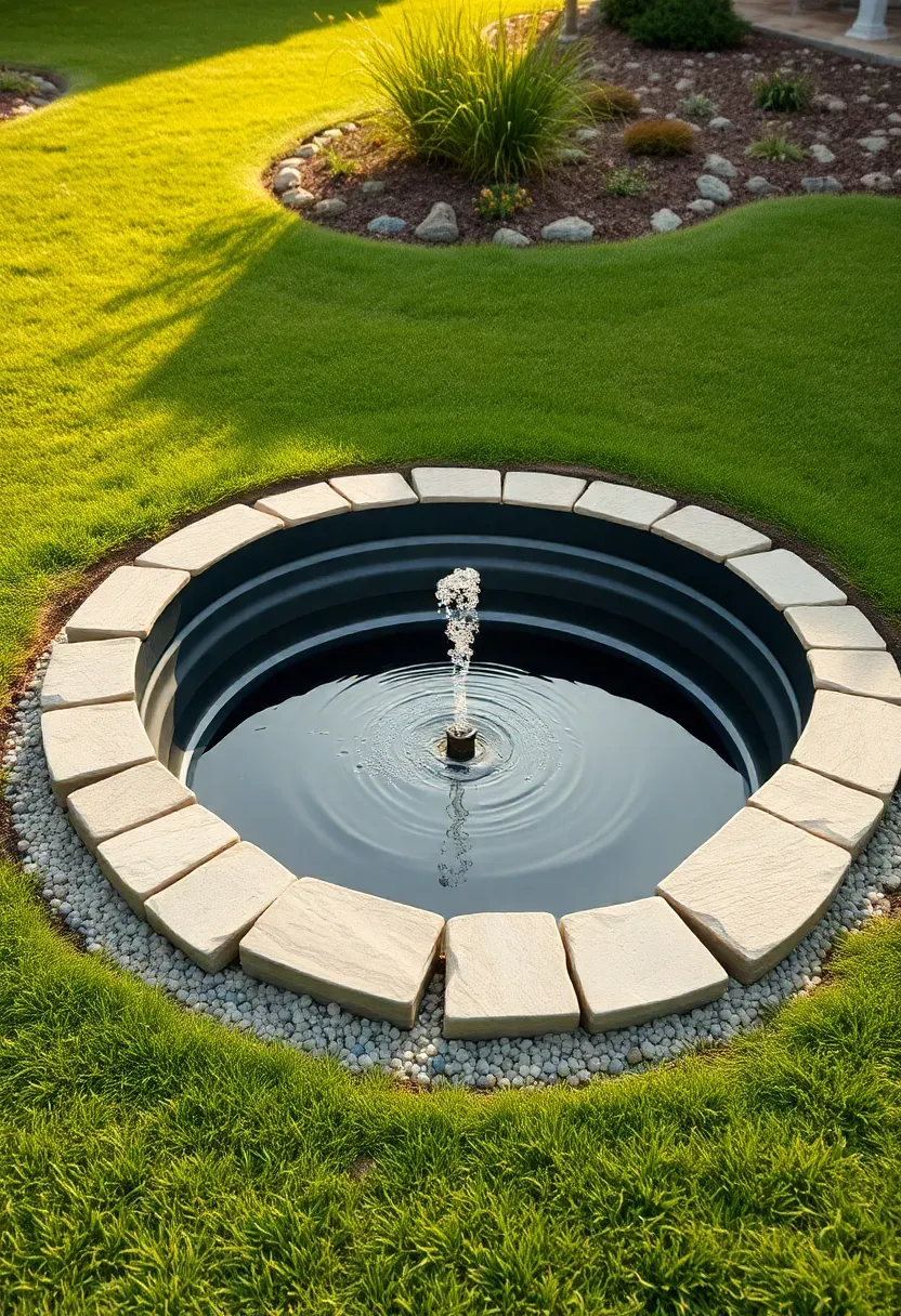 Rigid preformed plastic pond installed in a backyard with flagstone edging and a small submersible pump fountain