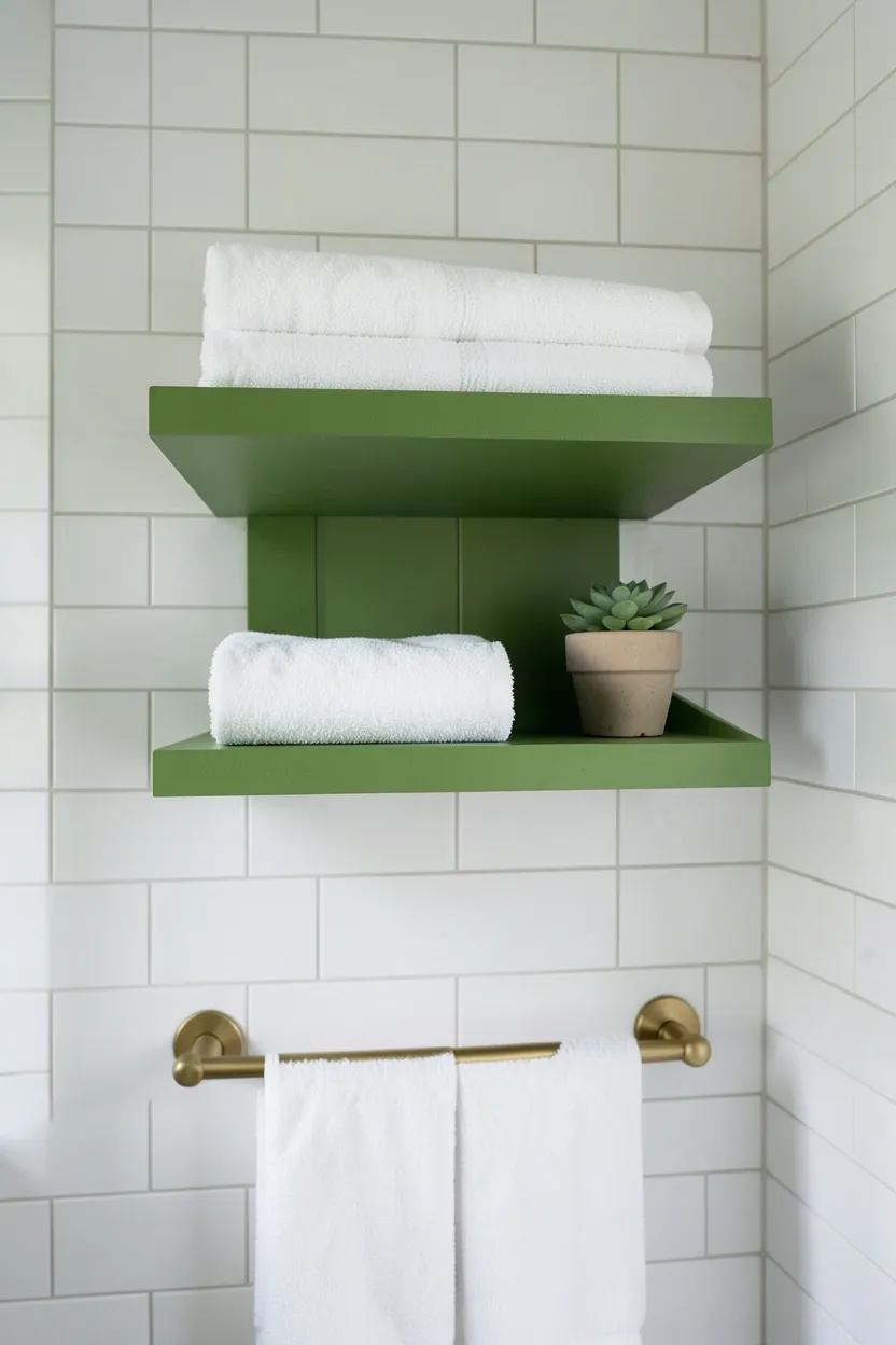 Hyper-realistic eye-level photograph of a modern green bathroom wall with two moss green floating wooden shelves holding neatly folded white towels and small potted succulent, white subway tile background, brass towel rail below. Natural light. Materials: moss green painted wood shelves, white ceramic towels, brass rail, white tile. Minimalist green storage. Clean modern aesthetic. No text, no logos, no watermarks.</p>