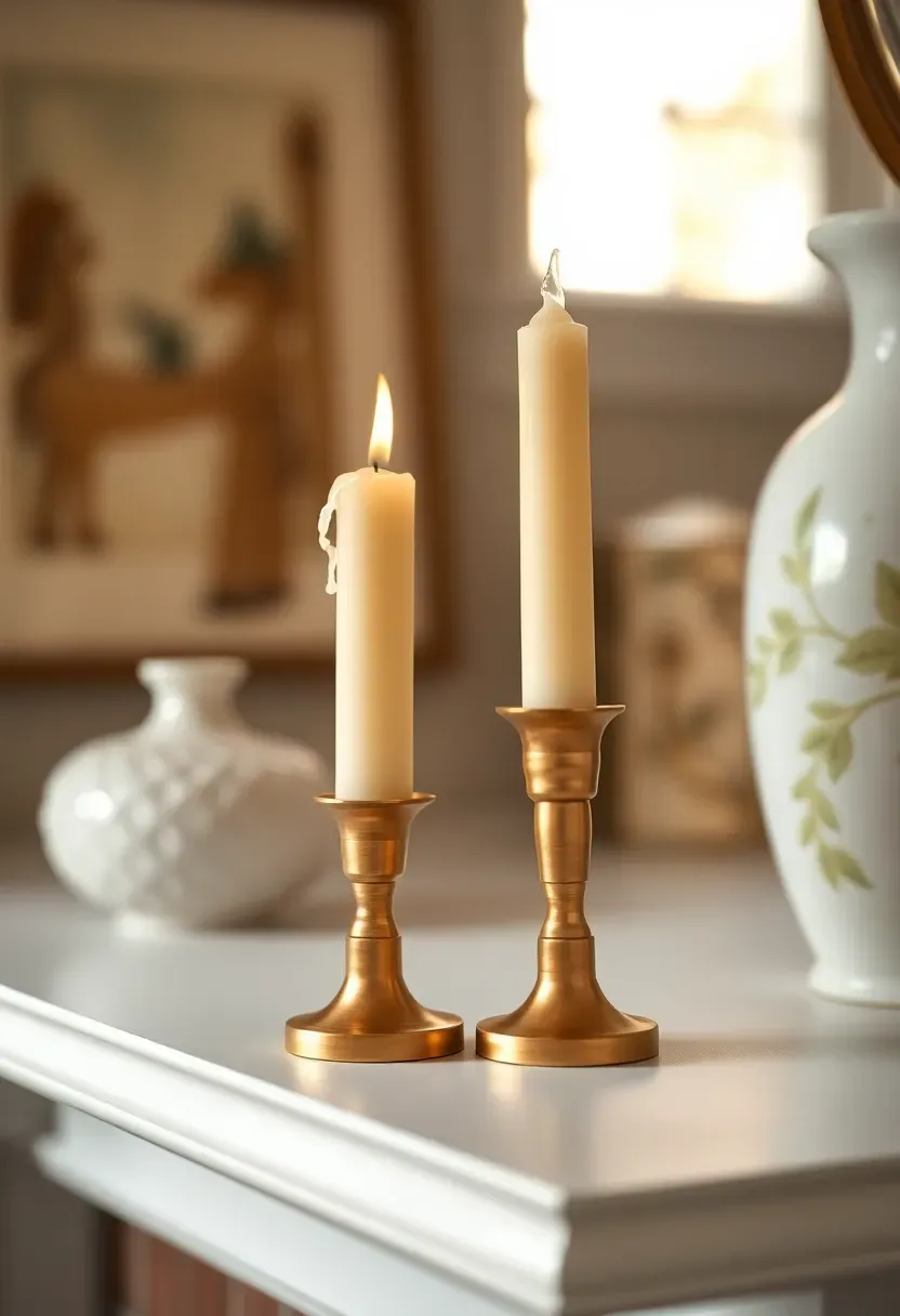 Close-up of elegant brass taper candle holders with cream-colored candles on a styled fireplace mantle, warm ambient light glowing in the background