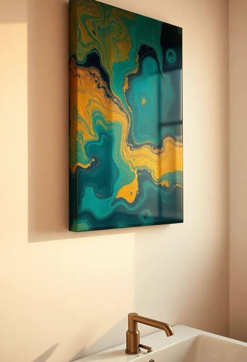 Vibrant acrylic pour painting with swirling teal and gold pigments sealed in high-gloss resin on a bathroom wall