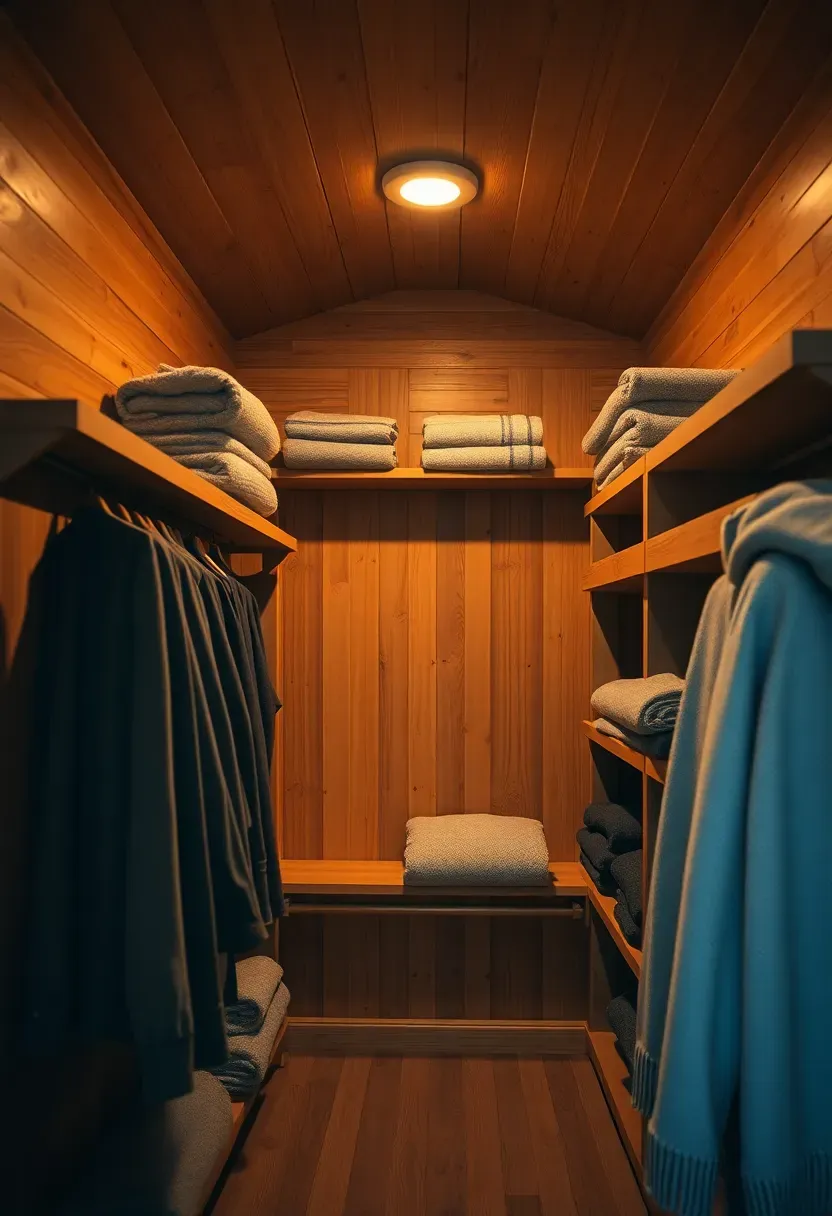 cedar-lined attic closet with natural wood walls and shelves, folded blankets and seasonal clothing stored neatly