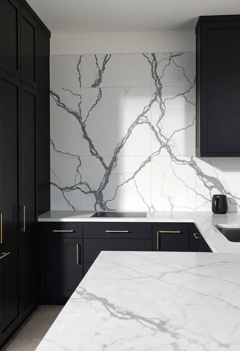 dark veined porcelain large format backsplash tile with dramatic gray and white veining behind dark charcoal cabinets with light countertops