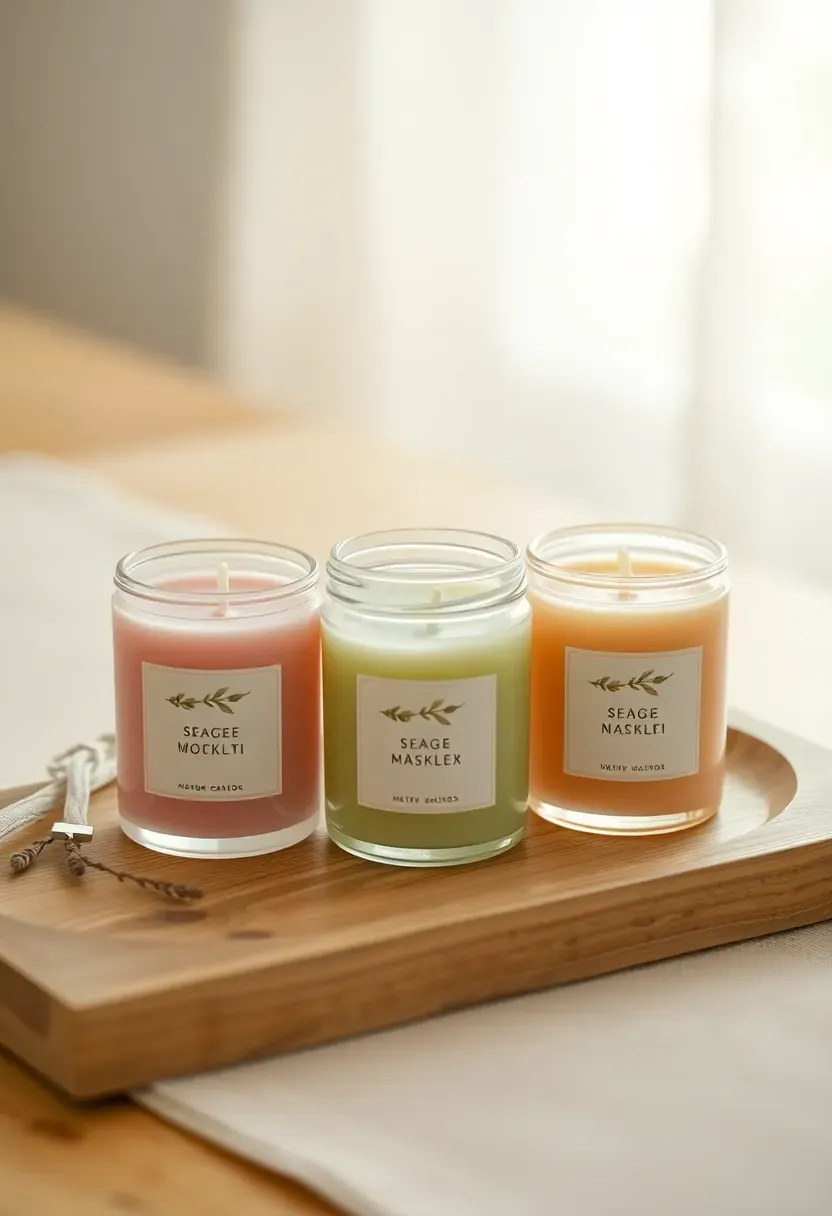 set of three small scented candles in pastel glass jars with botanical labels