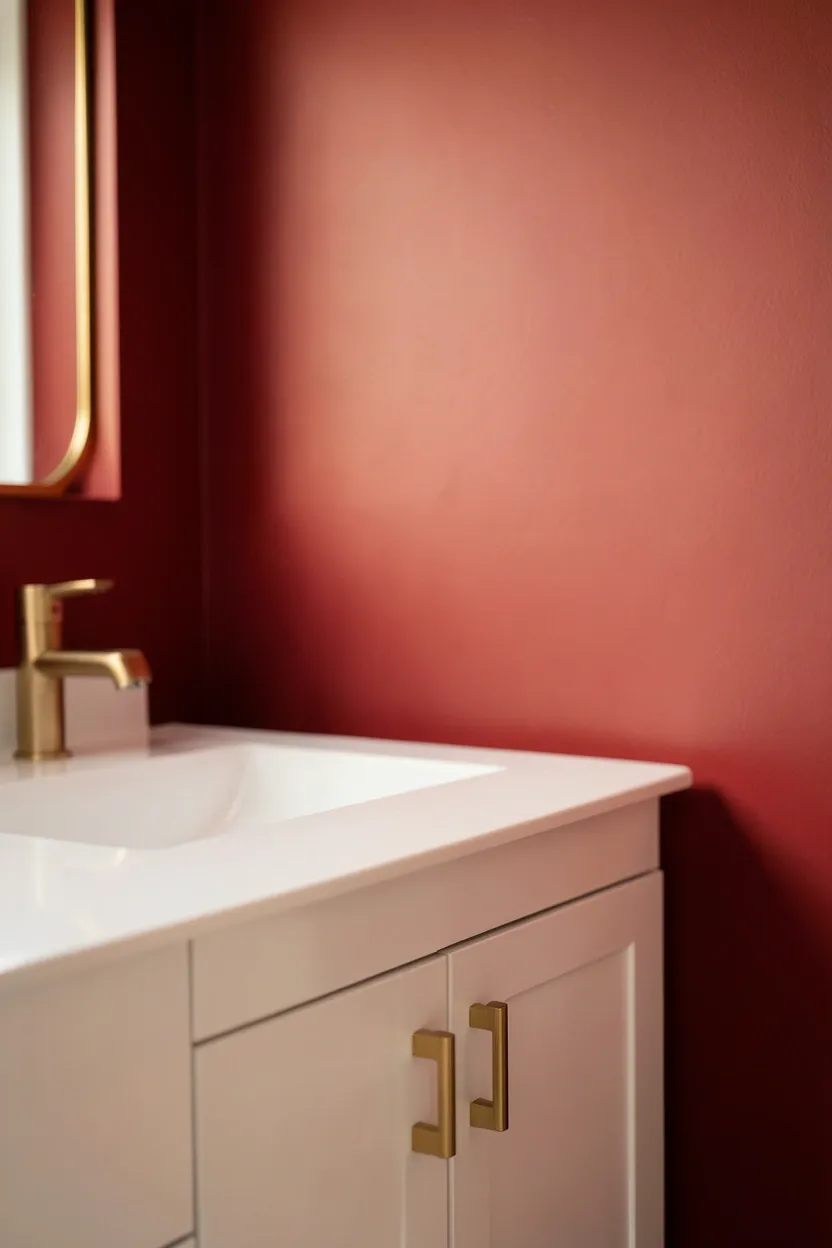 Candy-inspired bathroom with cherry red lemon yellow and mint green glossy tiles and lacquered vanity