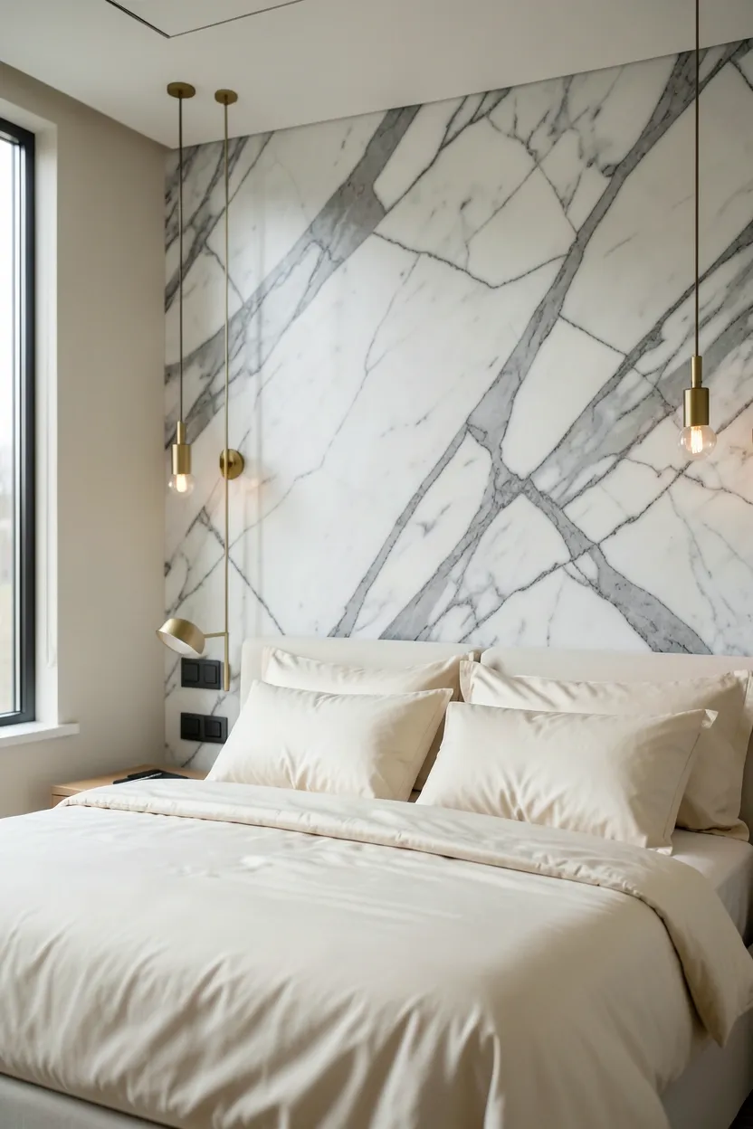 White Carrara marble accent wall behind a king bed with soft gray veining in a sophisticated bedroom