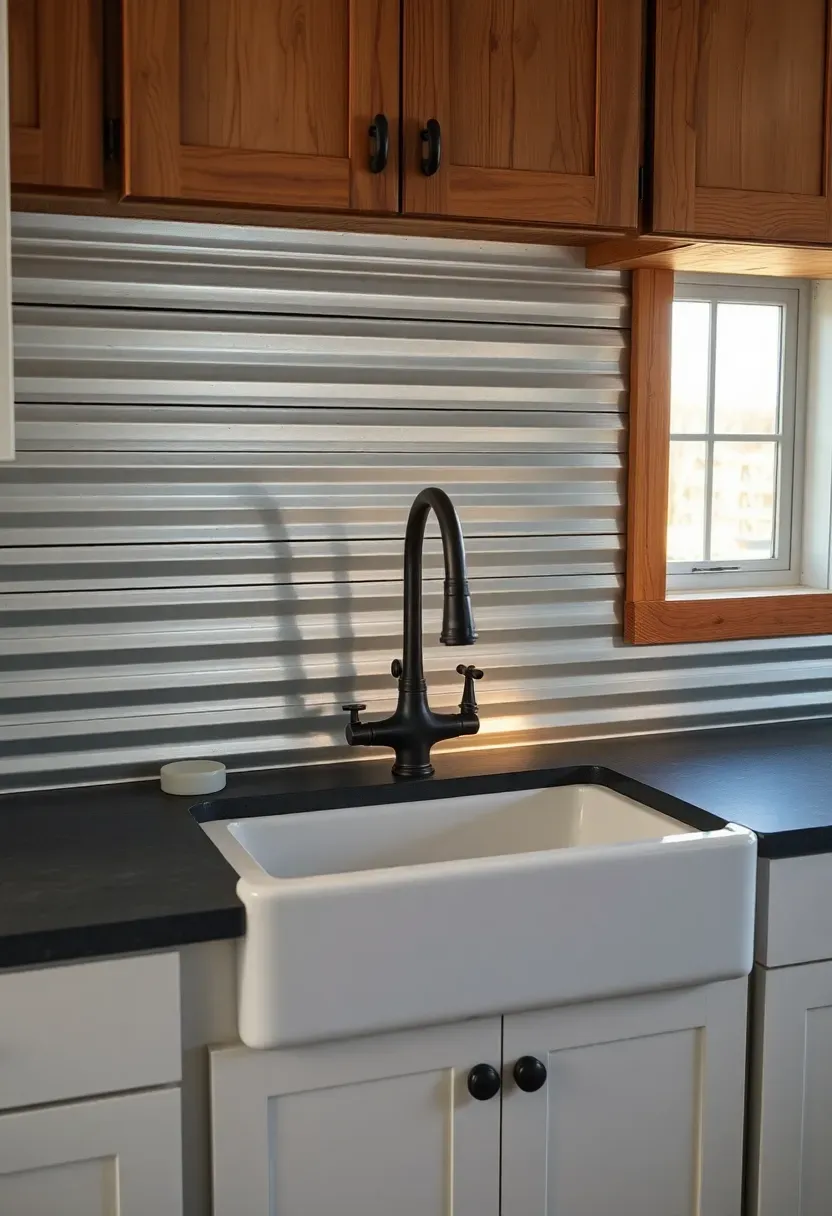 galvanized corrugated metal backsplash behind a farmhouse sink in a barndominium kitchen