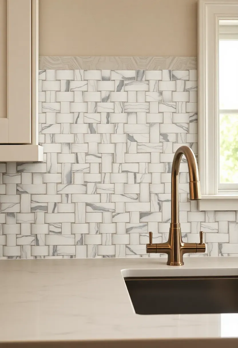 basketweave marble mosaic tile backsplash with Carrara marble in a traditional kitchen