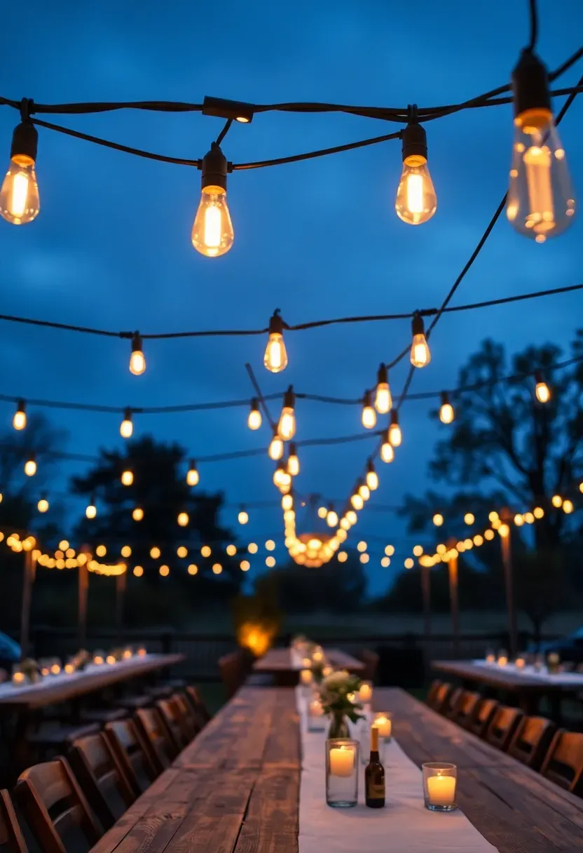 Warm white bistro string lights crisscrossing above an outdoor wedding reception area at dusk with long tables set below