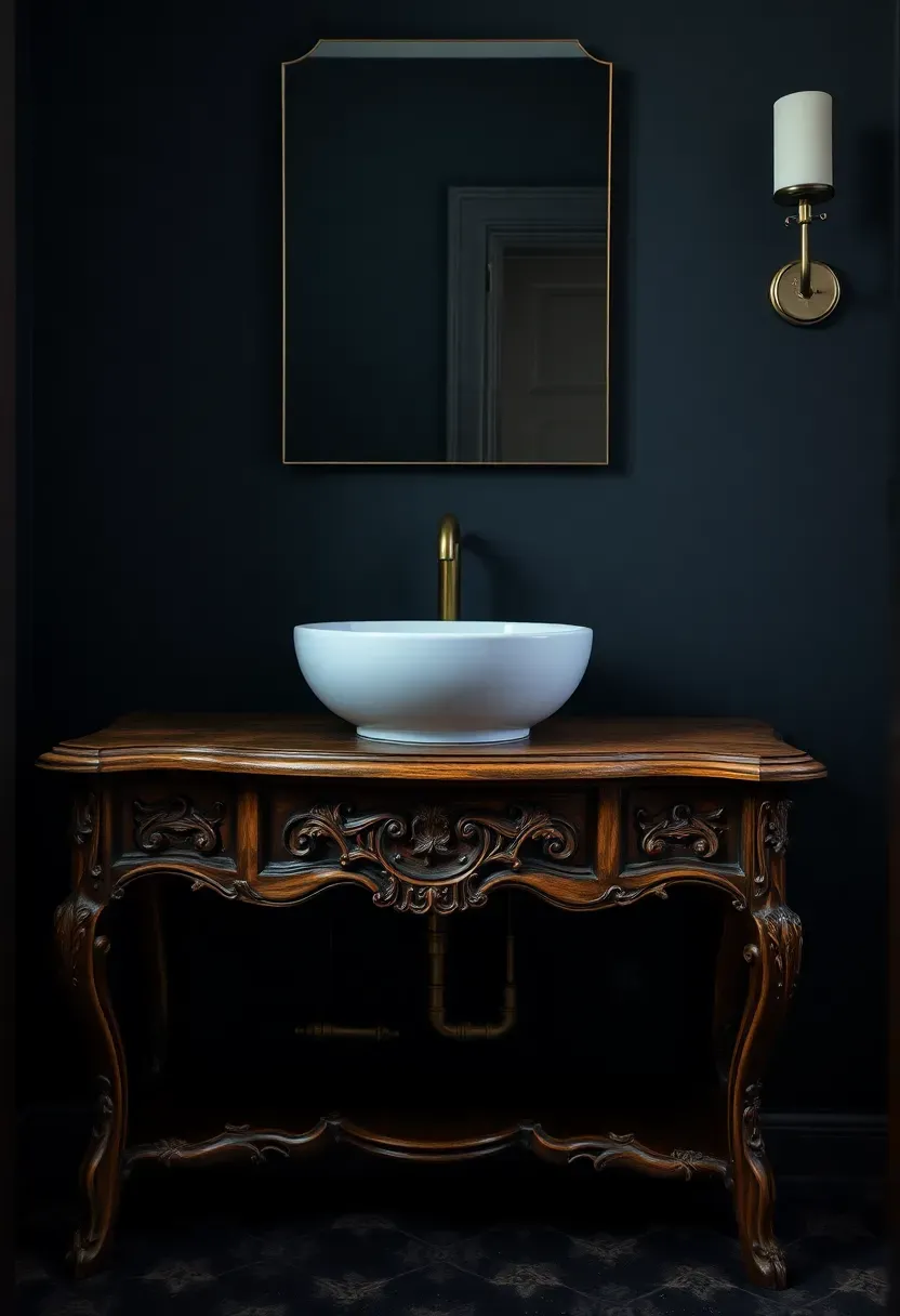 Vintage wooden console table converted into a bathroom vanity with a white vessel sink mounted on top