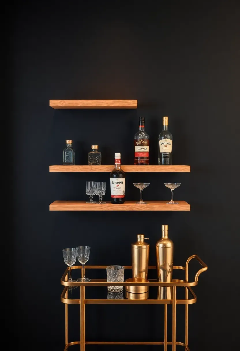 minimalist floating shelf cocktail station with three wooden shelves holding bottles glassware and a small brass bar cart below