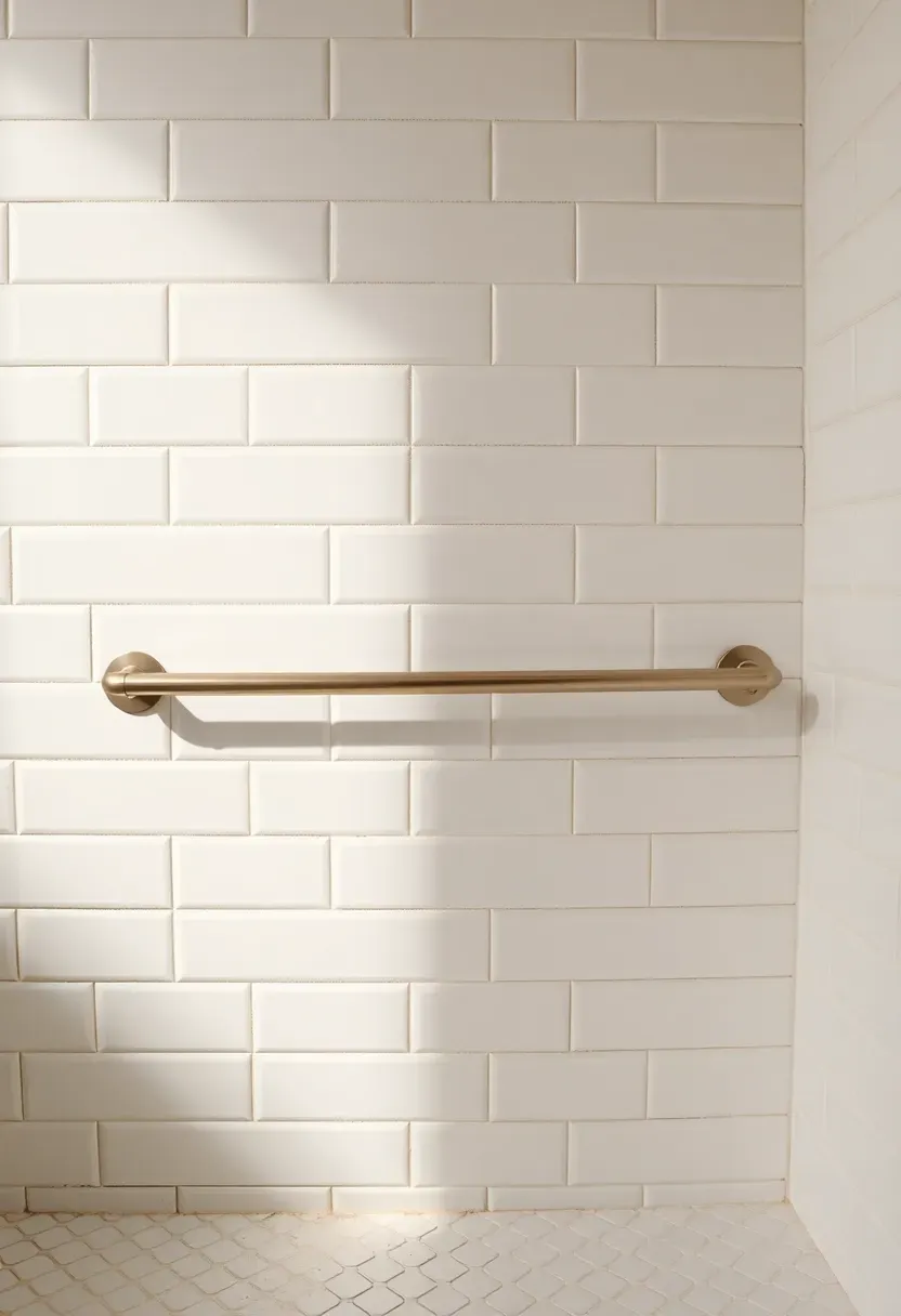 Hyper-realistic close-up of white subway tile wall with light grey grout lines creating gentle grid pattern, brushed nickel towel rail partially visible, white hex floor tiles below. Materials: glossy white subway tiles, light grey grout, brushed nickel hardware, white hex floor tiles. Warm low diffused light, creamy whites with soft grey definition. Clean contemporary mood, shallow depth of field with sharp grout line detail, soft shadows. Vertical 2:3 framing. No logos.</p>