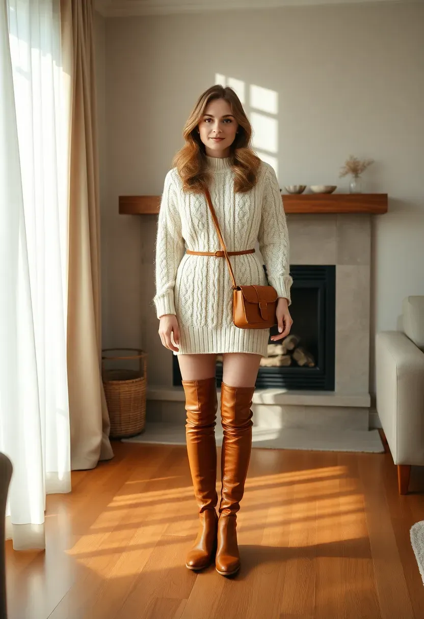 woman in a cream cable-knit sweater dress with tall brown leather boots for a winter gathering