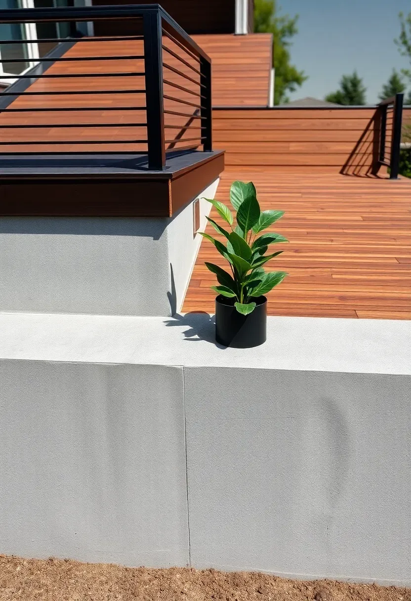 Modern two-level deck combining poured concrete on the lower level and warm-toned composite wood on the upper level with a minimalist metal railing