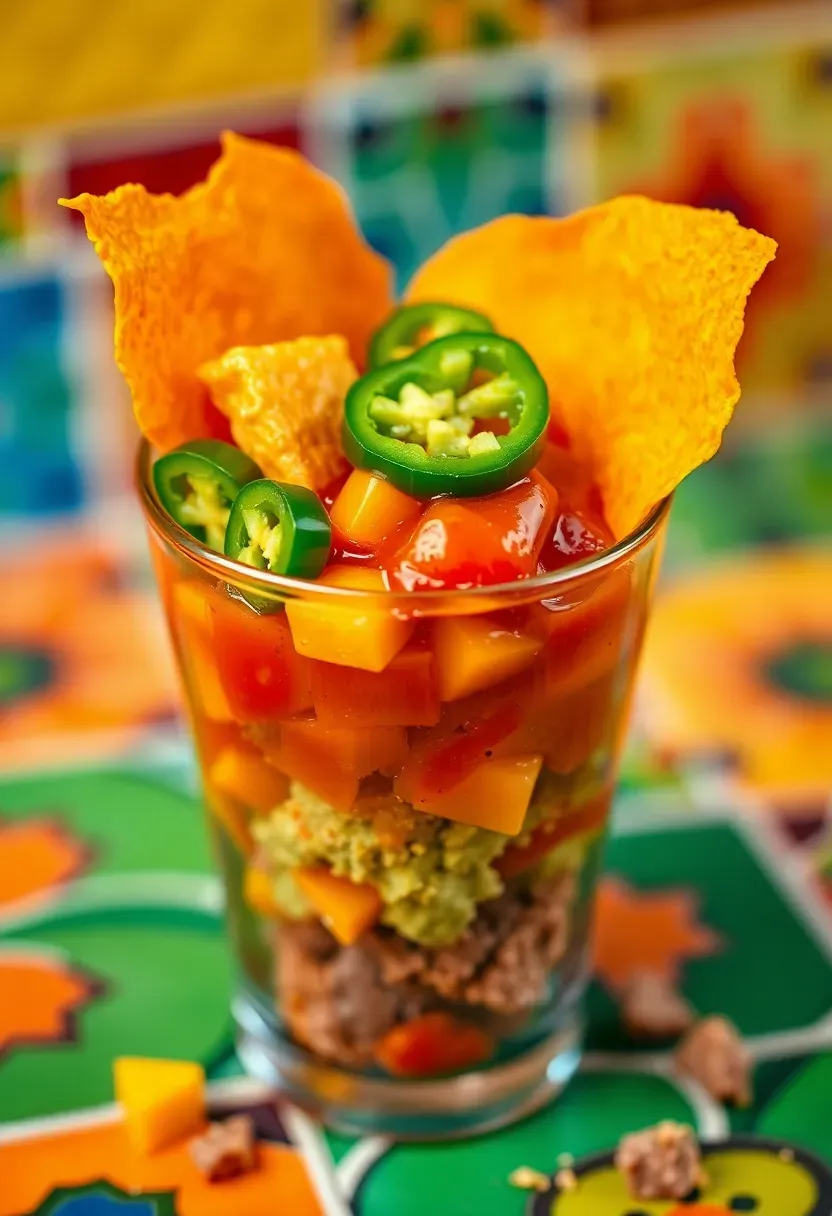 Tex-Mex nacho charcuterie cup with tortilla chips, salsa and guacamole