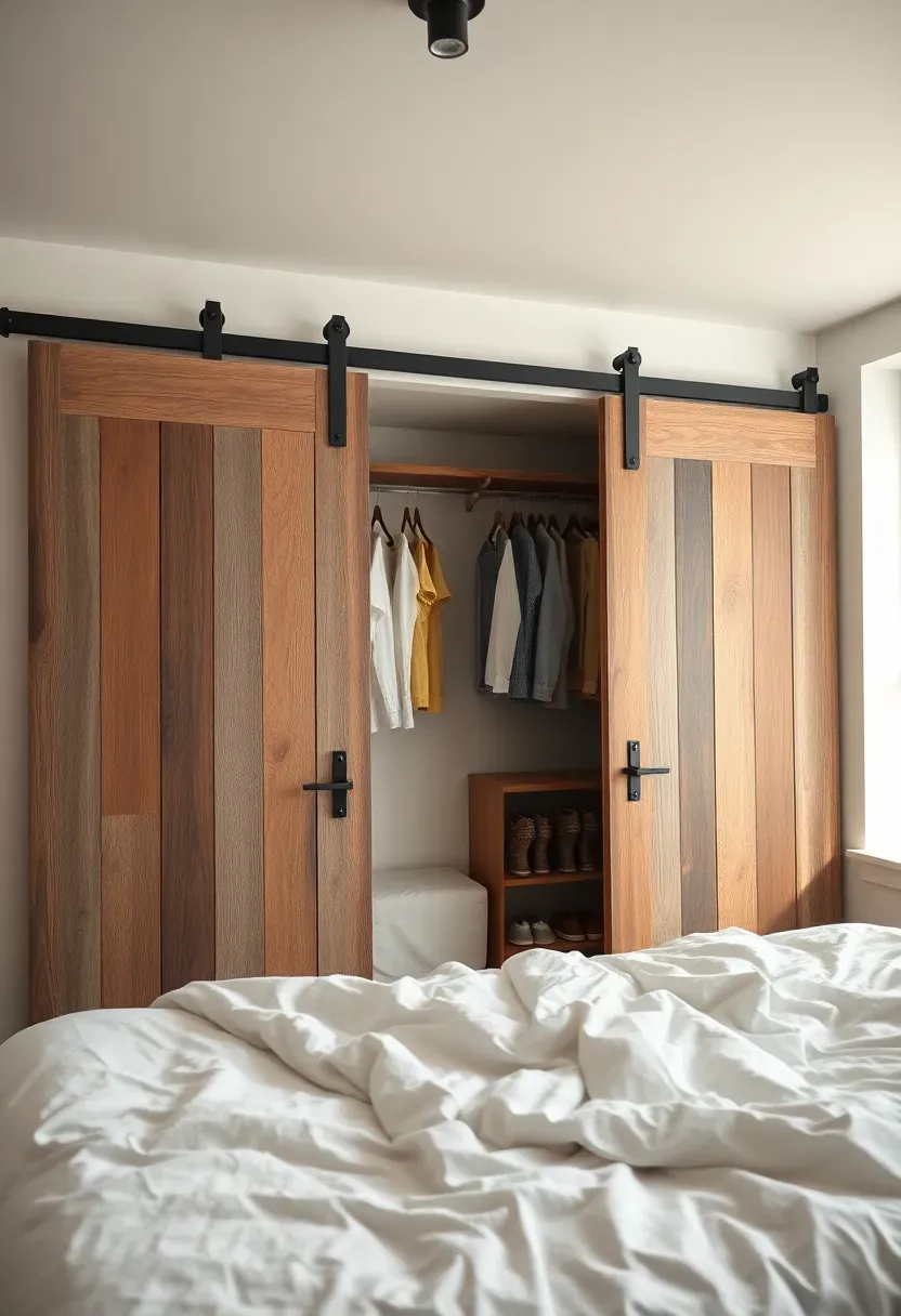 Large sliding barn door in reclaimed wood used as a room divider separating a bedroom closet dressing area from the sleeping space