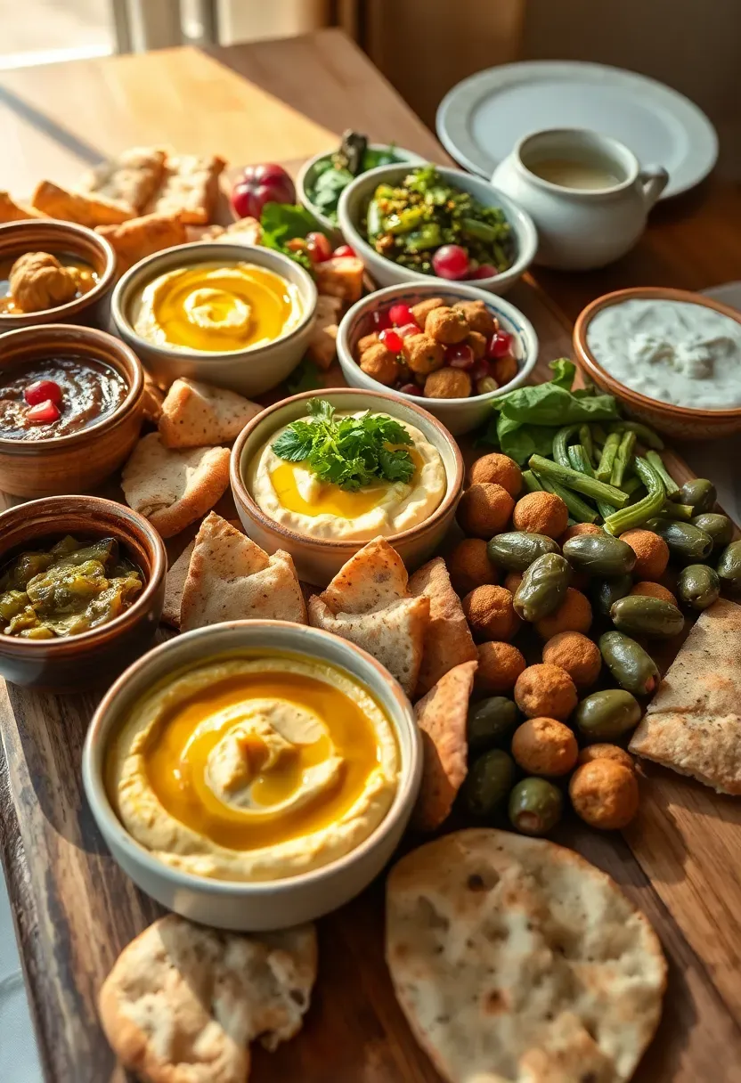 Mediterranean mezze brunch spread for baby shower with hummus baba ganoush falafel pita bread olives tabbouleh and pomegranate seeds on ceramic dishes