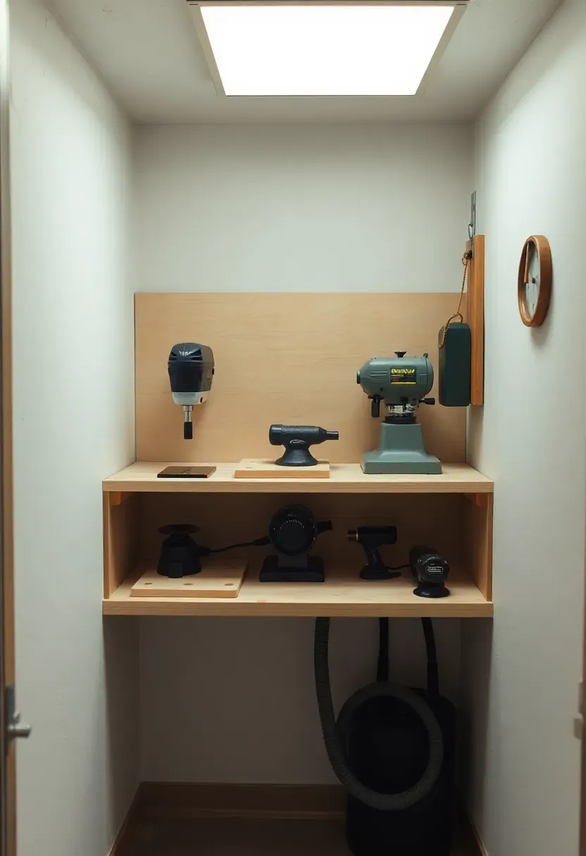 Narrow alcove in a small garage fitted with a compact power tool station including a benchtop drill press, belt sander, and small bandsaw