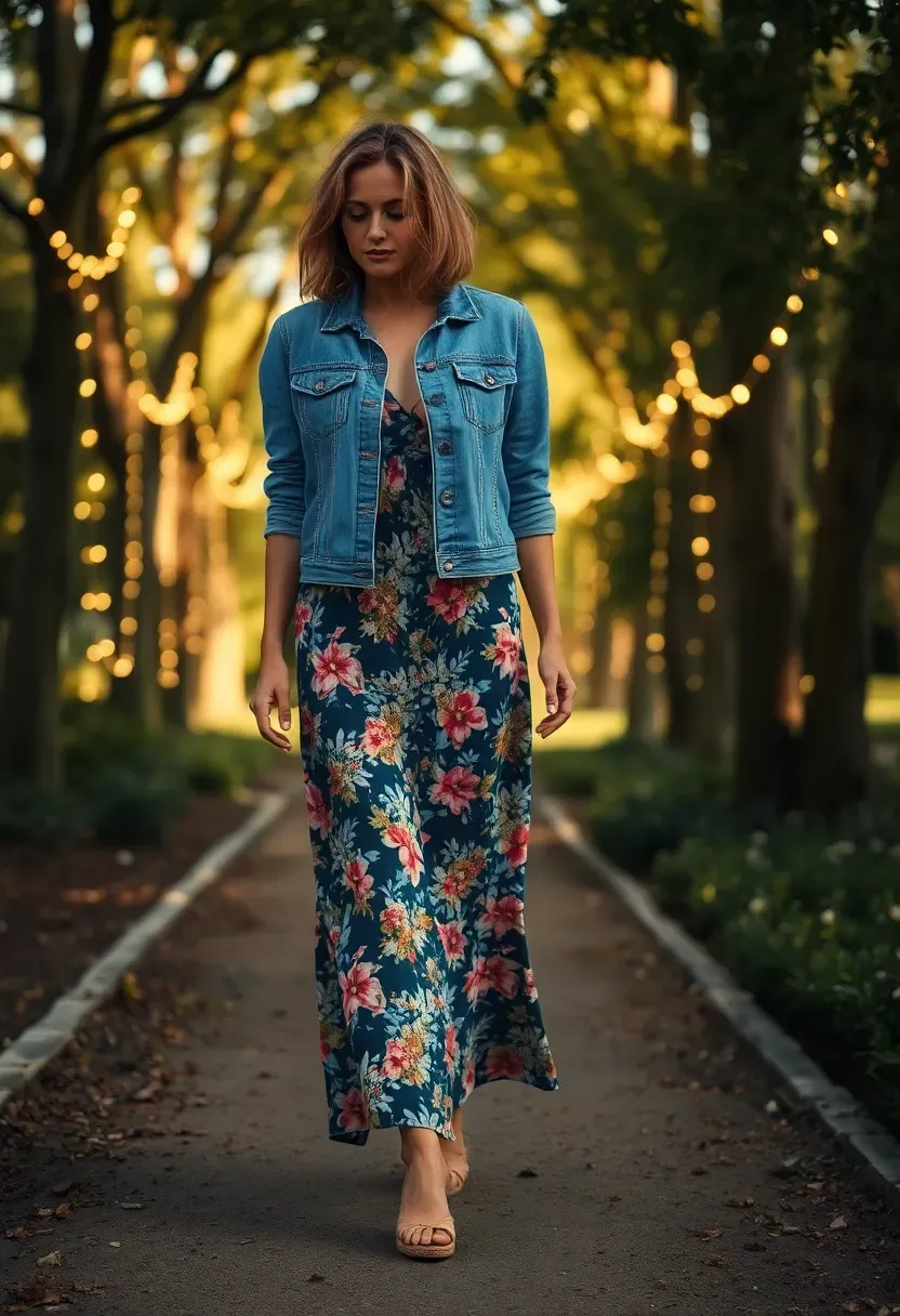 denim jacket casually layered over a colourful floral maxi dress at an outdoor baby shower