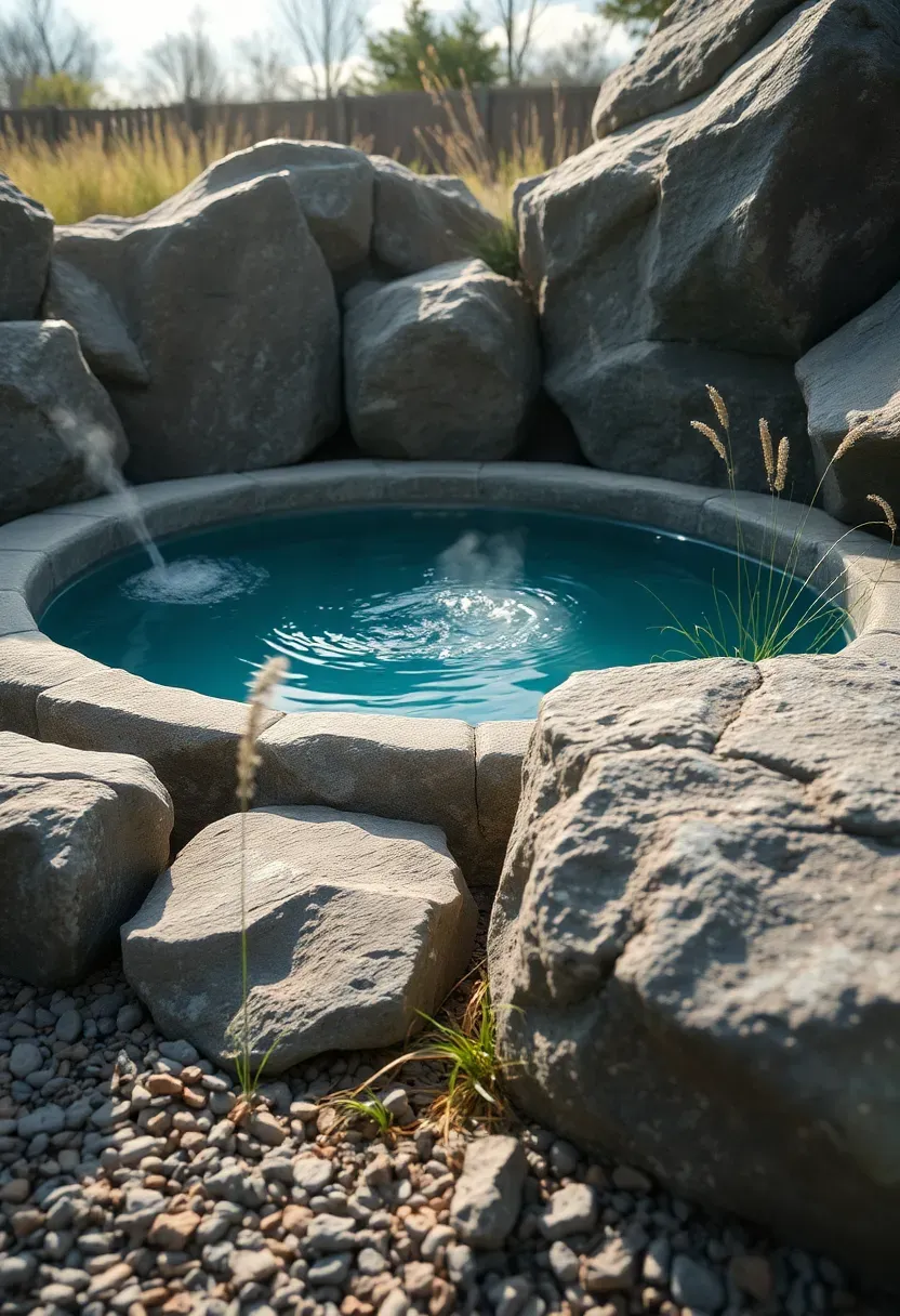 A backyard hot tub surrounded by large natural boulders with native grasses growing between rocks and warm water steam rising