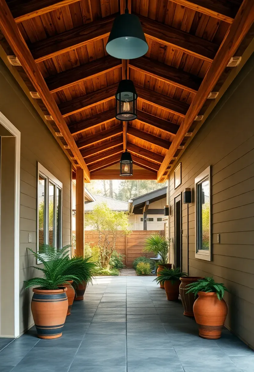 Backyard ADU connected to the main house by a covered breezeway walkway with exposed beam ceiling, pendant lights, and potted plants along both sides