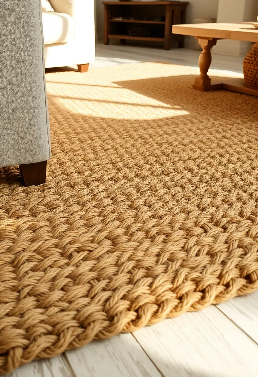Thick jute area rug with natural fiber texture anchoring farmhouse living room seating area
