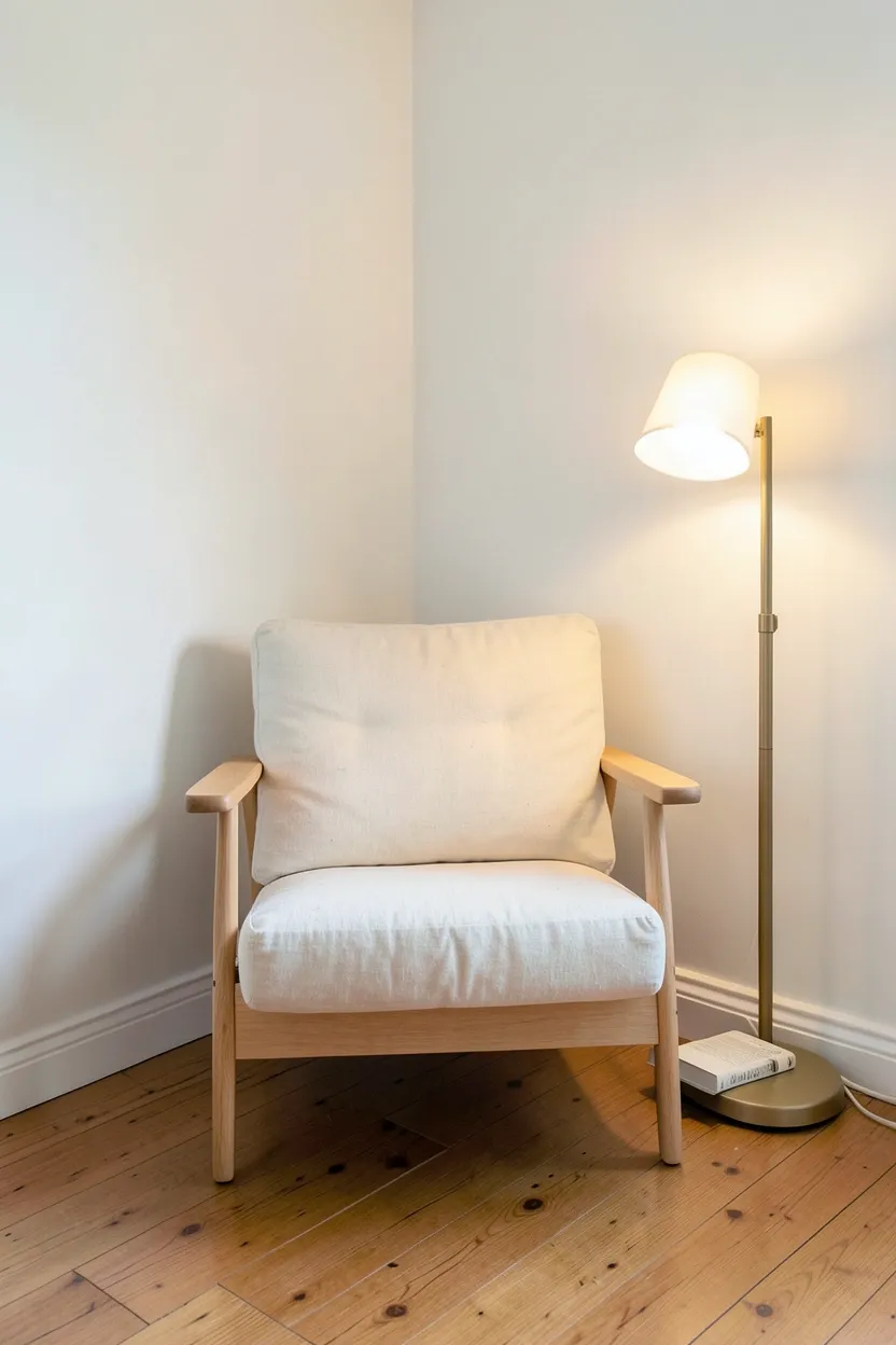 Cozy reading nook in a rental bedroom corner with a linen armchair, floor lamp, and small wood side table on a jute rug in a Nordic rustic style