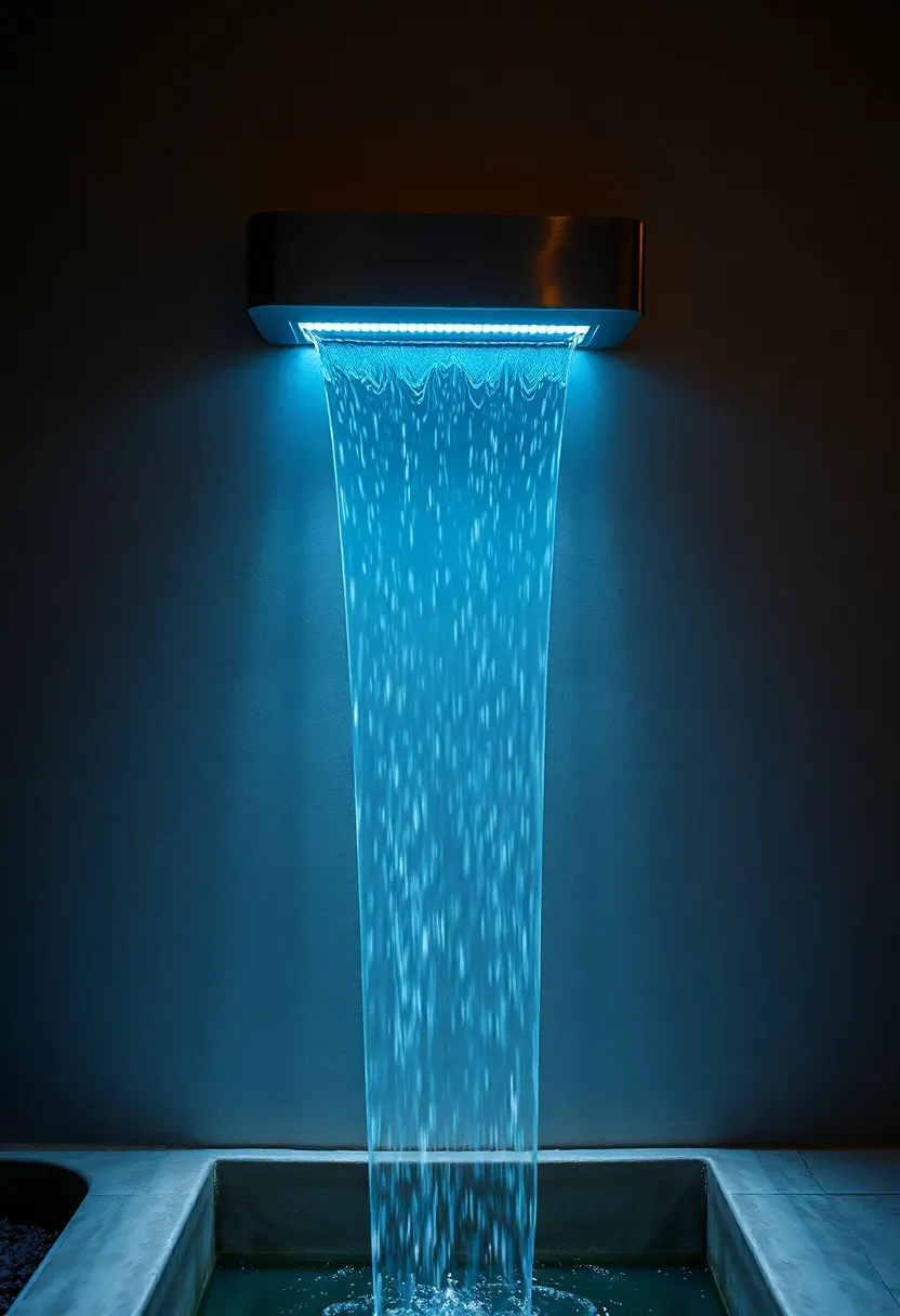 Modern wall-mounted sheer descent water feature creating a clear sheet of water falling into a narrow concrete channel at night with subtle lighting