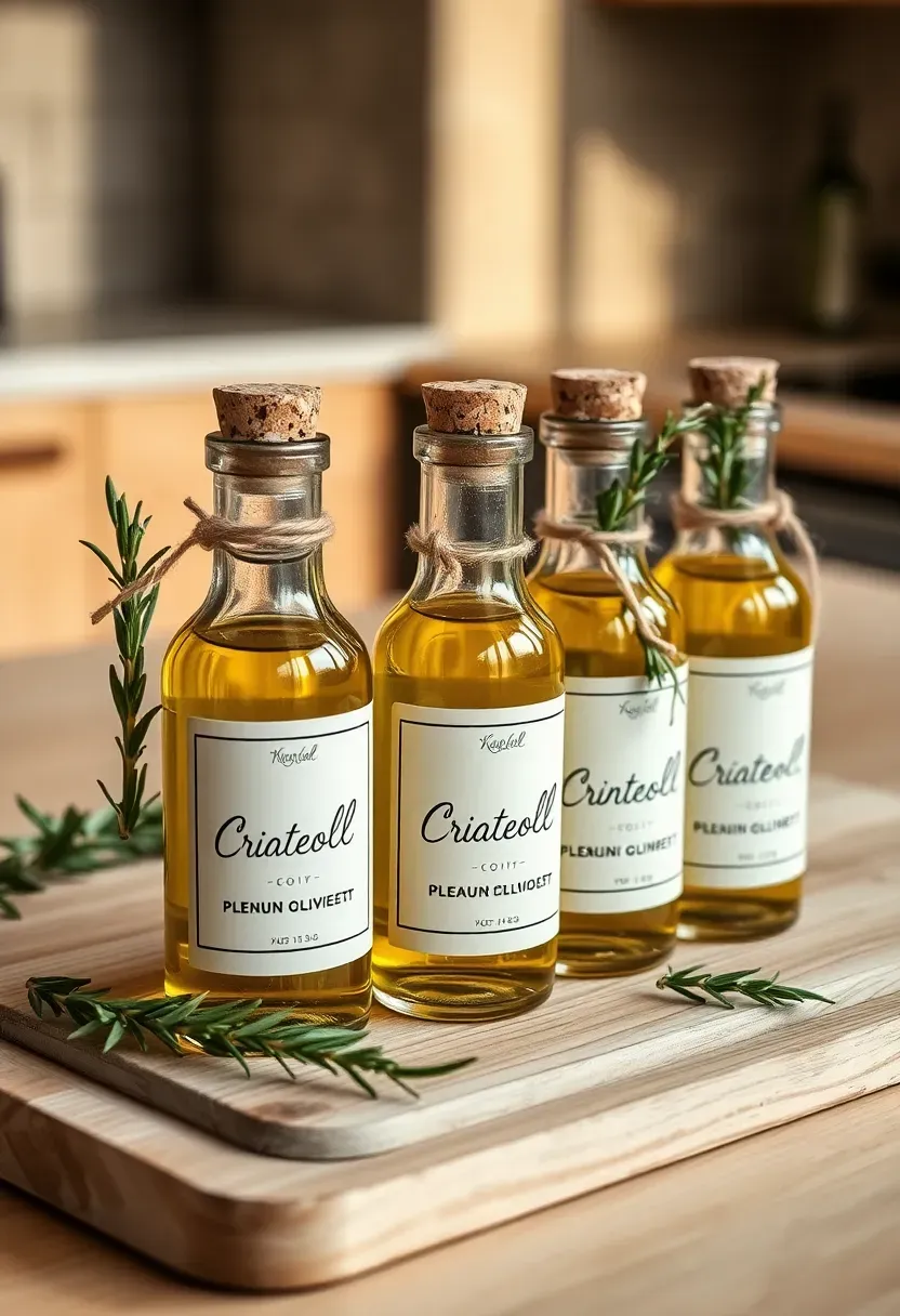 small infused olive oil bottles with rosemary sprigs and custom labels for baby shower favors