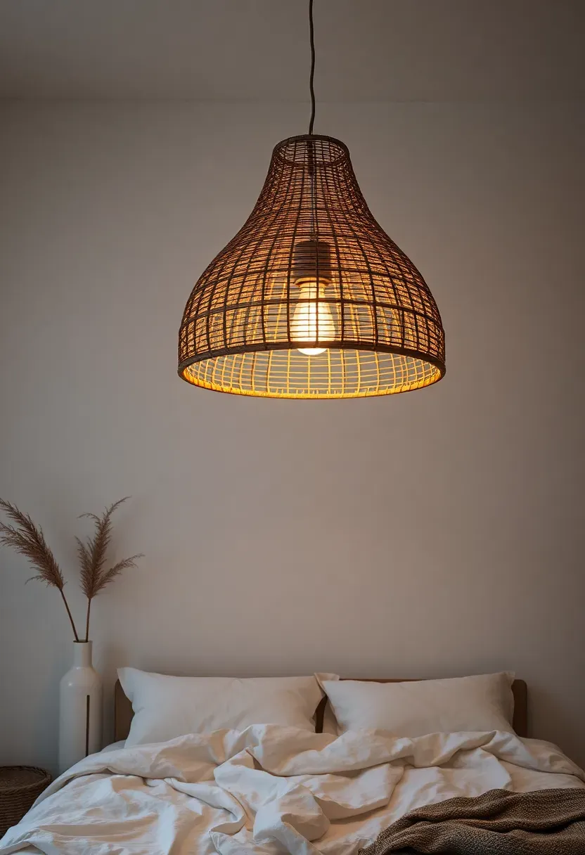 Hyper-realistic view of a minimalist boho bedroom with a large woven rattan pendant light suspended above the bed. Materials: natural rattan weave shade, warm glowing light inside, white walls and bedding. Moody evening ambiance with the pendant creating the only light source. Minimalist composition with clean lines and negative space. No text, no logos, no watermarks.</p>