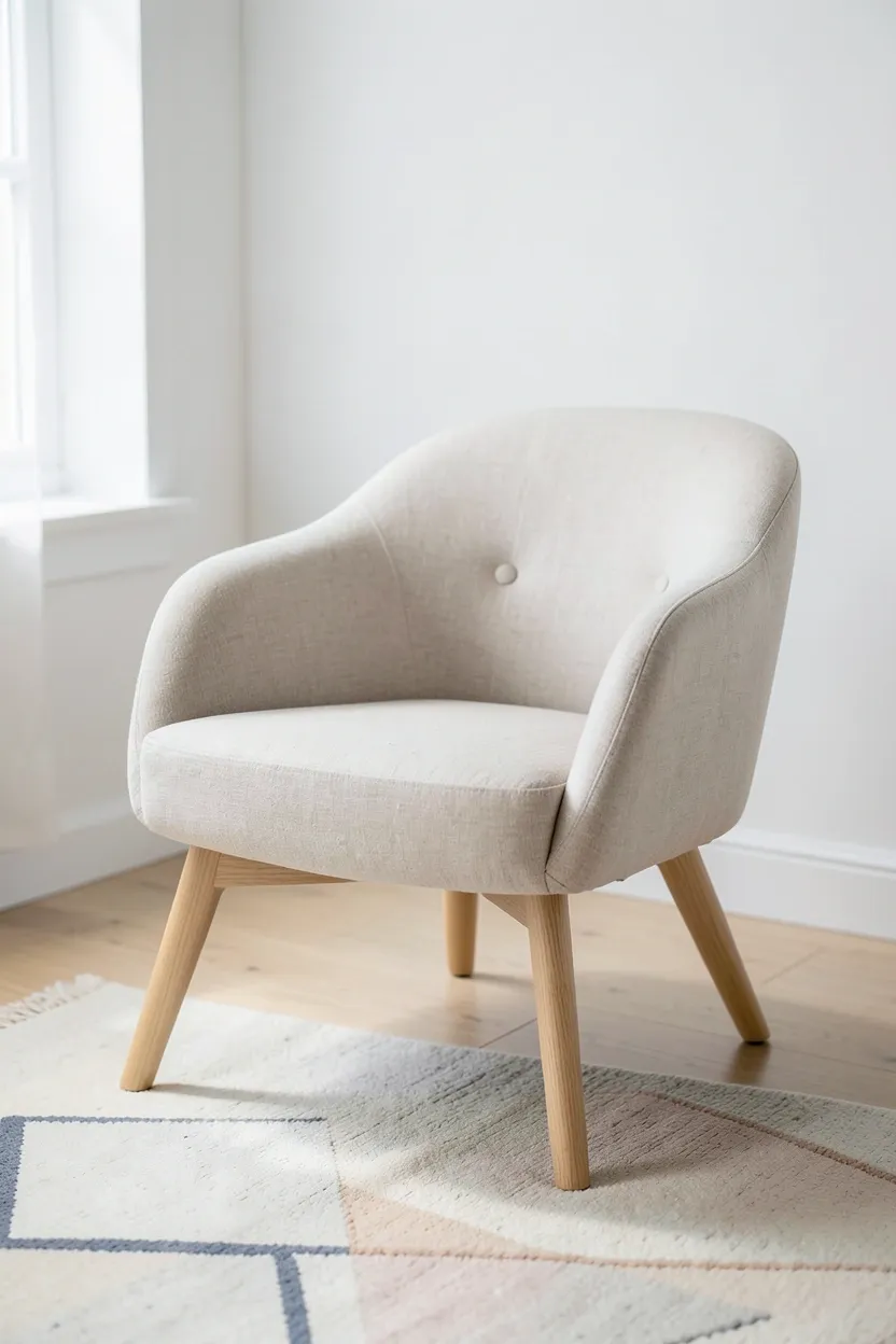 Compact armless accent chair in light gray fabric with slim legs adding seating to a tiny Scandinavian living room