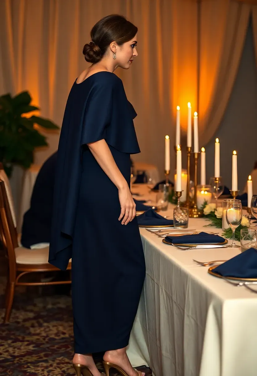 woman in a sophisticated navy cape-sleeve column dress at an evening baby shower with elegant table settings
