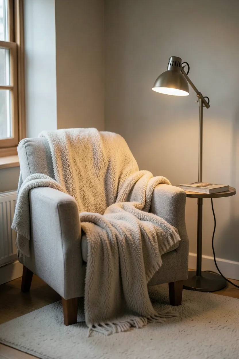 Cozy hygge reading nook with a beige curved armchair, warm arc floor lamp, and soft wool throw blanket in a Scandinavian living room corner