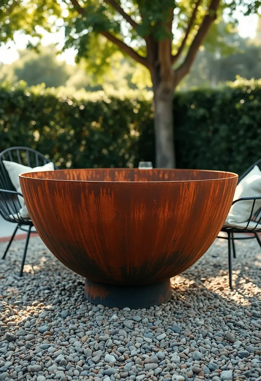 Weathered Corten steel fire bowl sitting on a decomposed granite terrace with mid-century outdoor chairs