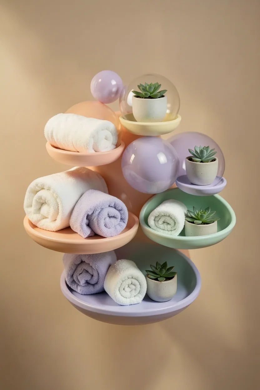 Circular floating bubble shelves in pastel peach, lavender, and mint arranged in an organic cluster above a rental bathroom toilet