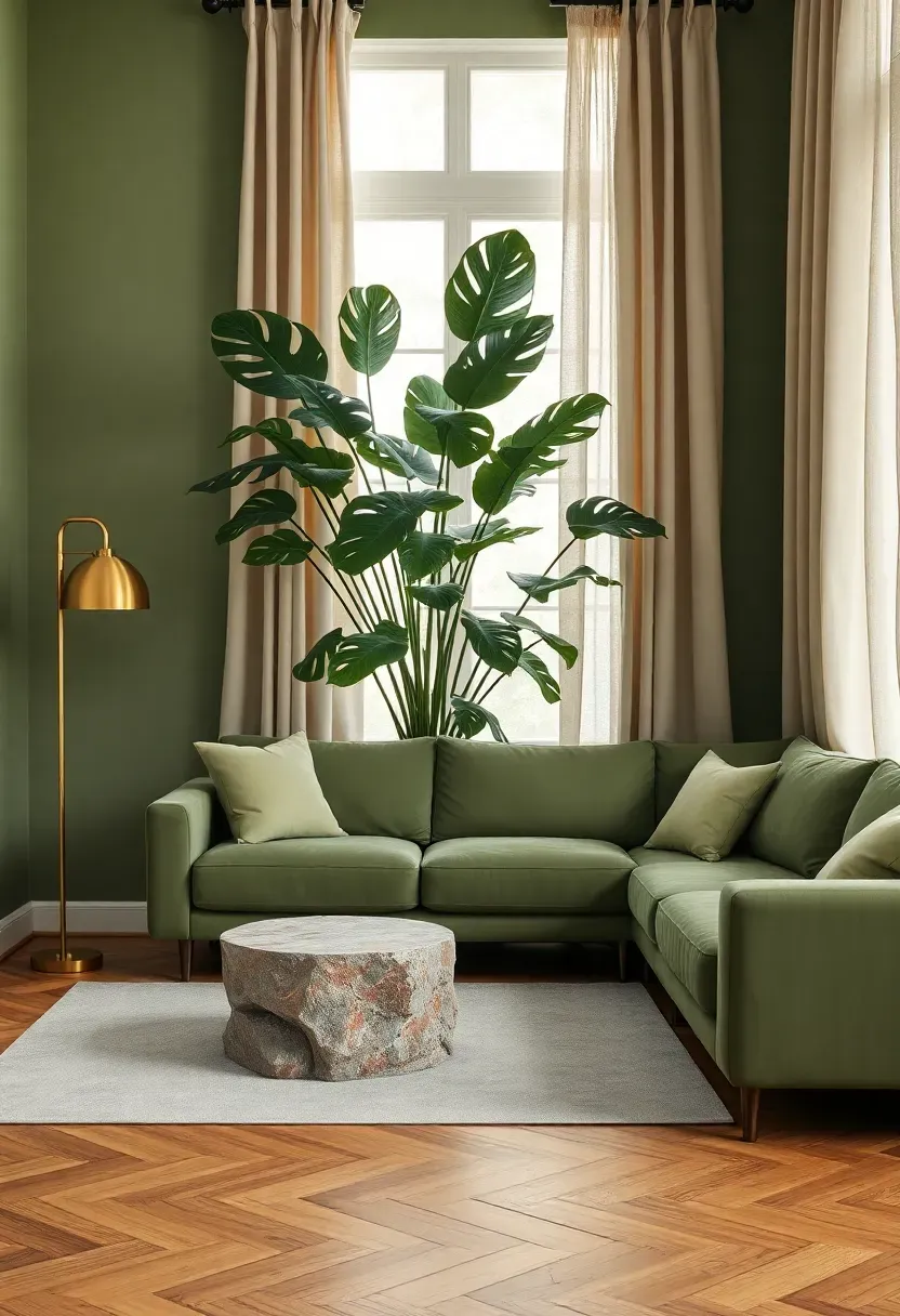 Hyper-realistic 3/4 view of a sage green living room with walls painted muted green, sage velvet sofa, oak flooring, brass floor lamp, stone coffee table, cream linen curtains, large potted monstera plant. Materials: sage green matte paint, sage velvet upholstery, oak wood, brass, natural stone, cream linen, live plant. Soft diffused daylight through linen curtains creating green tones and brass highlights, biophilic serene mood. Composition showing sage as unifying color. Sharp details on velvet texture and plant leaves. No text, no logos, no watermarks.</p>