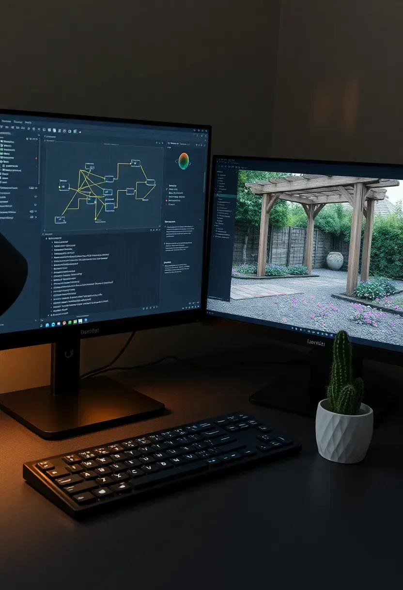 Blender 3D workspace with a custom backyard scene featuring a wooden pergola, gravel path, and detailed vegetation using geometry nodes