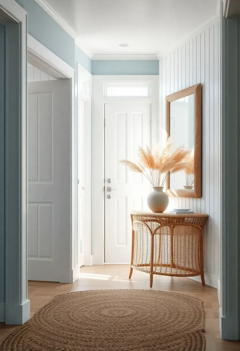 Bright coastal entryway with whitewashed wood paneling, sea-glass blue accents, jute rug, driftwood mirror frame, and rattan baskets