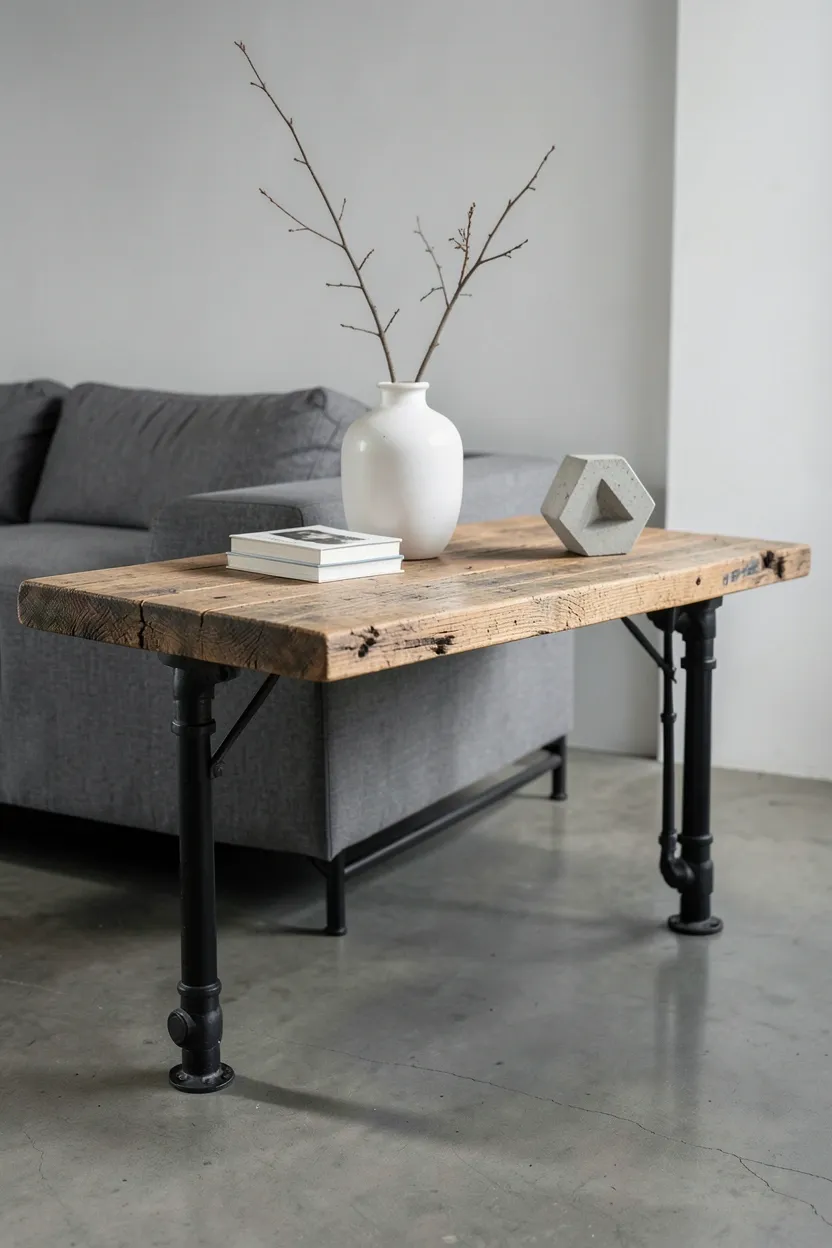 Industrial console table with reclaimed wood top and iron pipe legs positioned behind a sofa in a minimalist living room with curated ceramic vase and stack of books